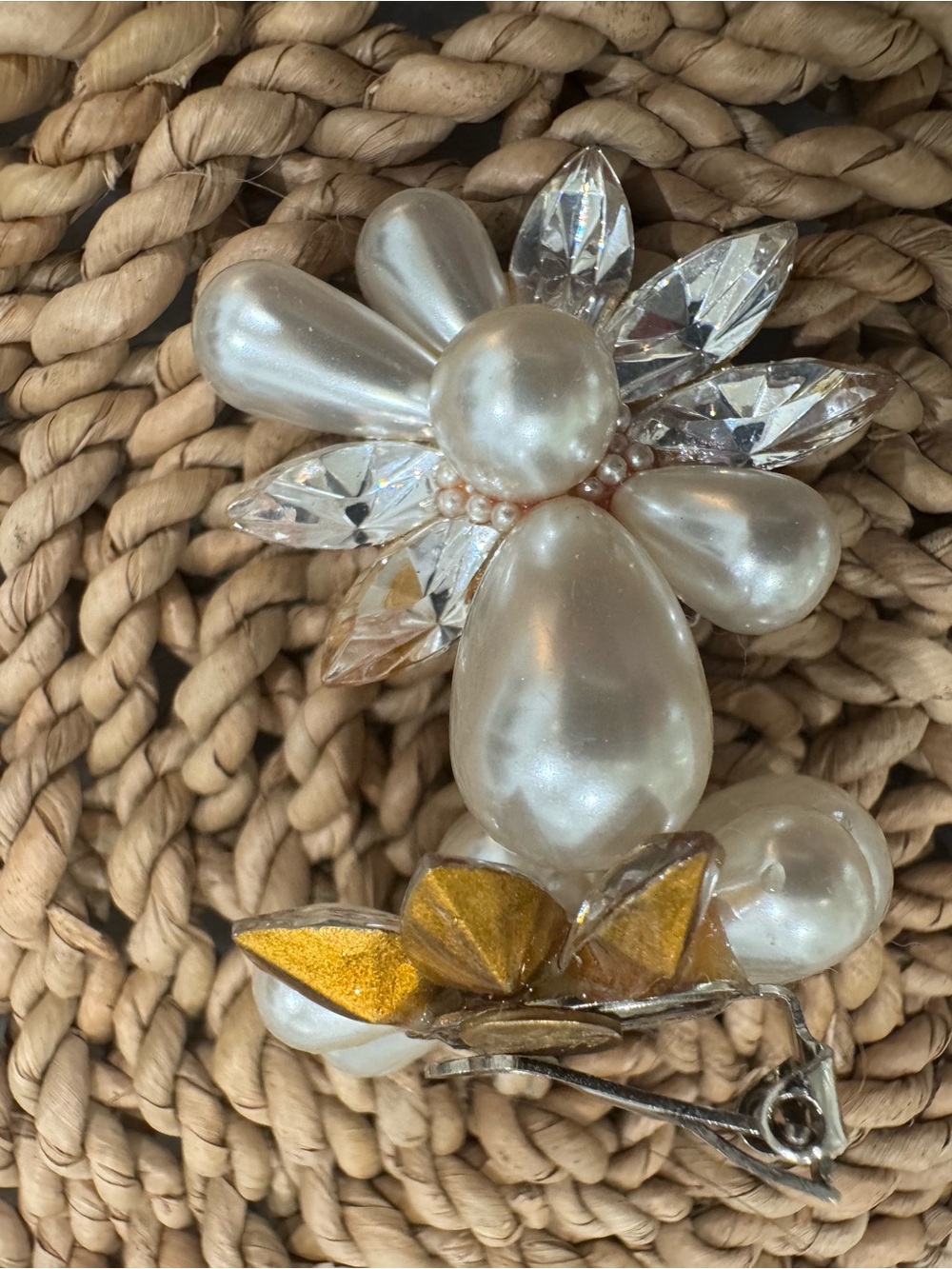 Signed Wendy Gell Faux Pearl & Crystal Floral Clip-On Stud Earrings